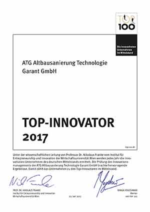 Urkunde ATG Mauertrockenleger: Top Innovator 2017